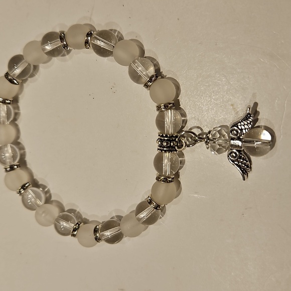 3 Angel, Cross, Clear & Frosted Glass & Rhinestone Stretch Beaded Bracelets - Picture 5 of 6